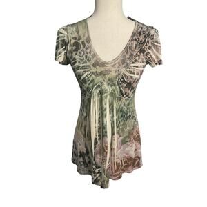 Unity Worldwear Petite short sleeve jeweled lace green floral shirt women's PS